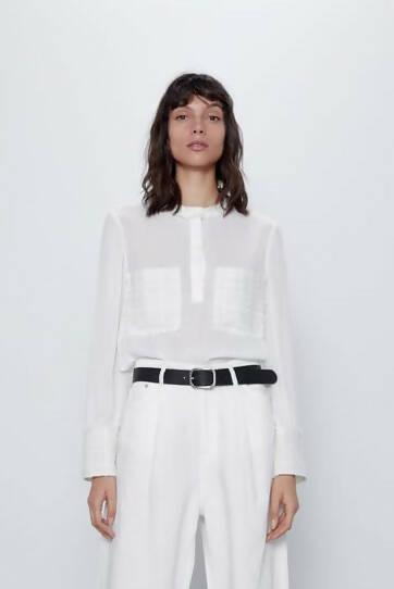 Off-white Chiffon Blouse with Contrast Tweed Details - Endless