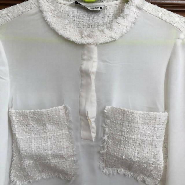 Off-white Chiffon Blouse with Contrast Tweed Details - Endless