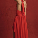 Oliana - Asymmetric Halterneck Maxi Dress in Chilli Red