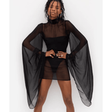 Black sheer mesh mini dress with dramatic long bell sleeves and high neckline — Rat & Boa | Endless UAE