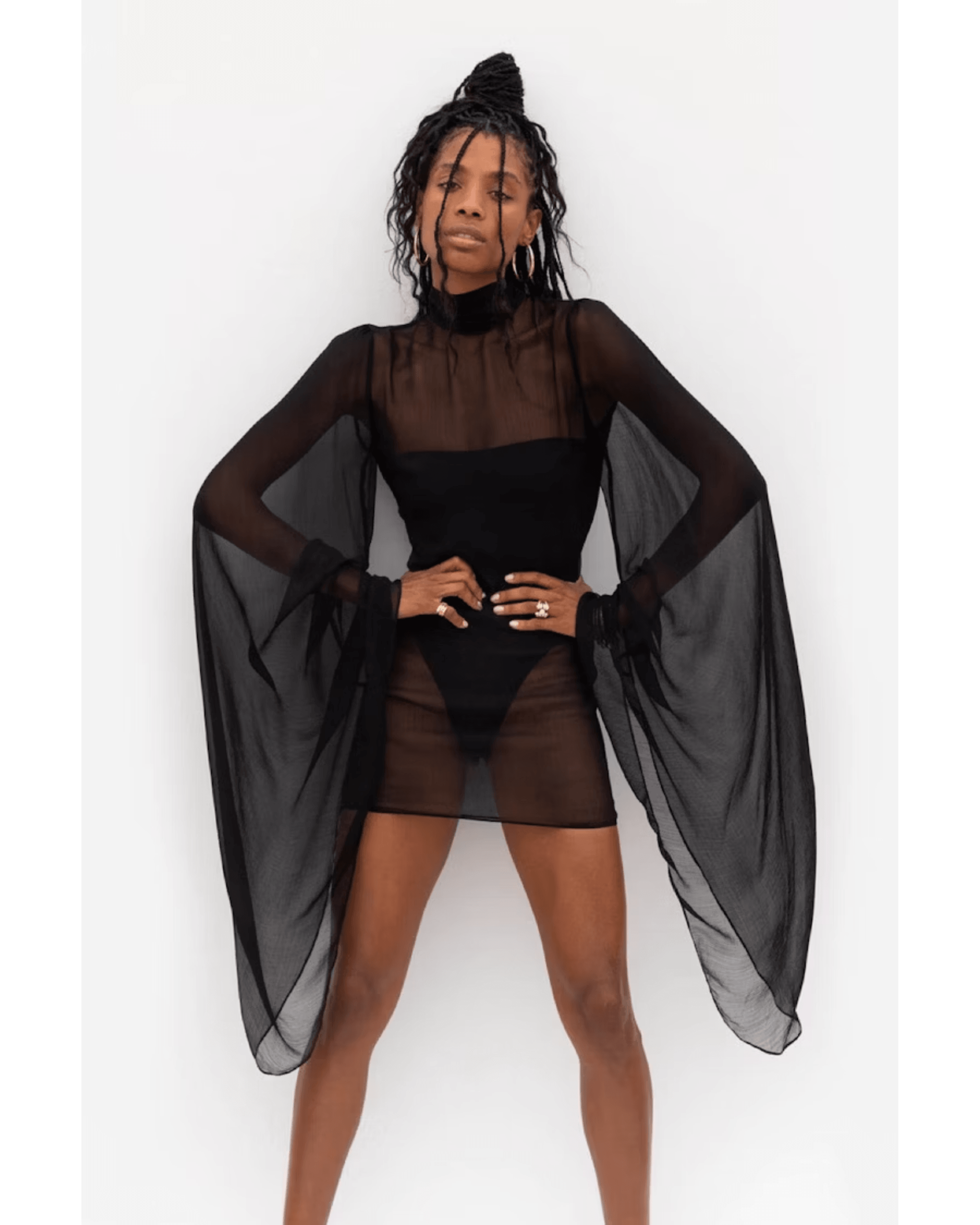 Black sheer mesh mini dress with dramatic long bell sleeves and high neckline — Rat & Boa | Endless UAE