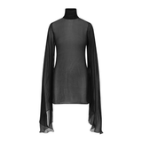 Black sheer mesh turtleneck dress with dramatic long flowing sleeves and fitted silhouette — Rat & Boa | Endless UAE