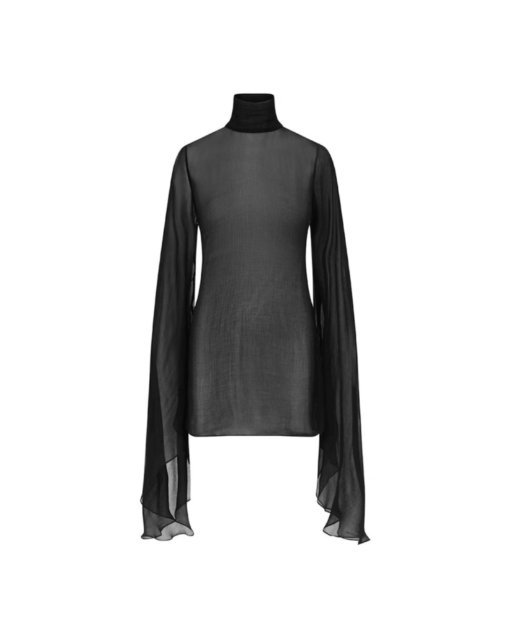 Black sheer mesh turtleneck dress with dramatic long flowing sleeves and fitted silhouette — Rat & Boa | Endless UAE