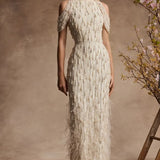 Ivory floor-length gown with beaded embellishments, draped sleeves, and feather trim hem — Pamella Roland | Endless UAE