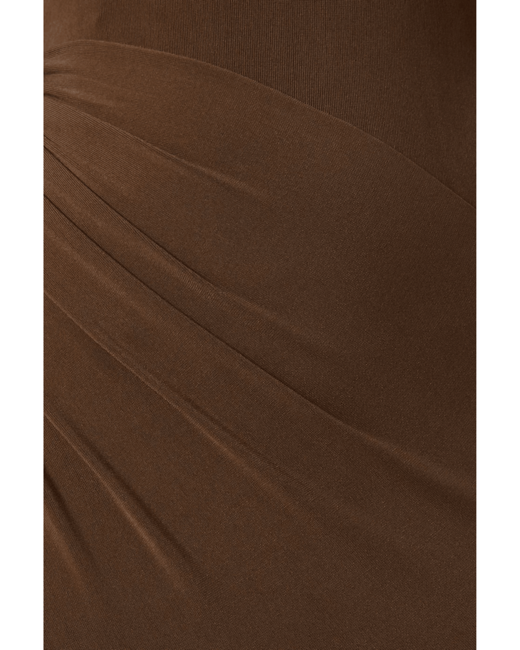 Close-up of brown ribbed knit fabric showing elegant draping and texture of the Jasmine Maxi Dress — Chats By C.Dam | Endless UAE