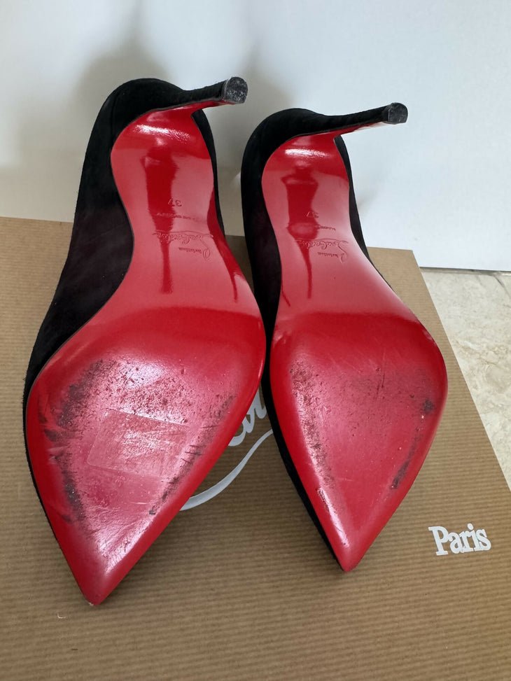 Black suede pointed-toe pumps with cream insoles and tan leather interior — Endless | Endless UAE