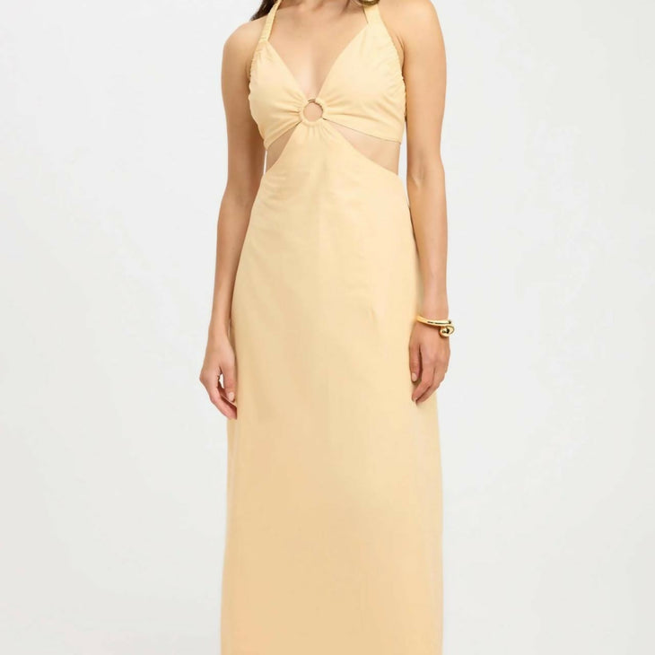 Yellow halter neck maxi dress with cutout ring detail at bust and mesh panel, styled with gold bracelet — Kookai | Endless UAE
