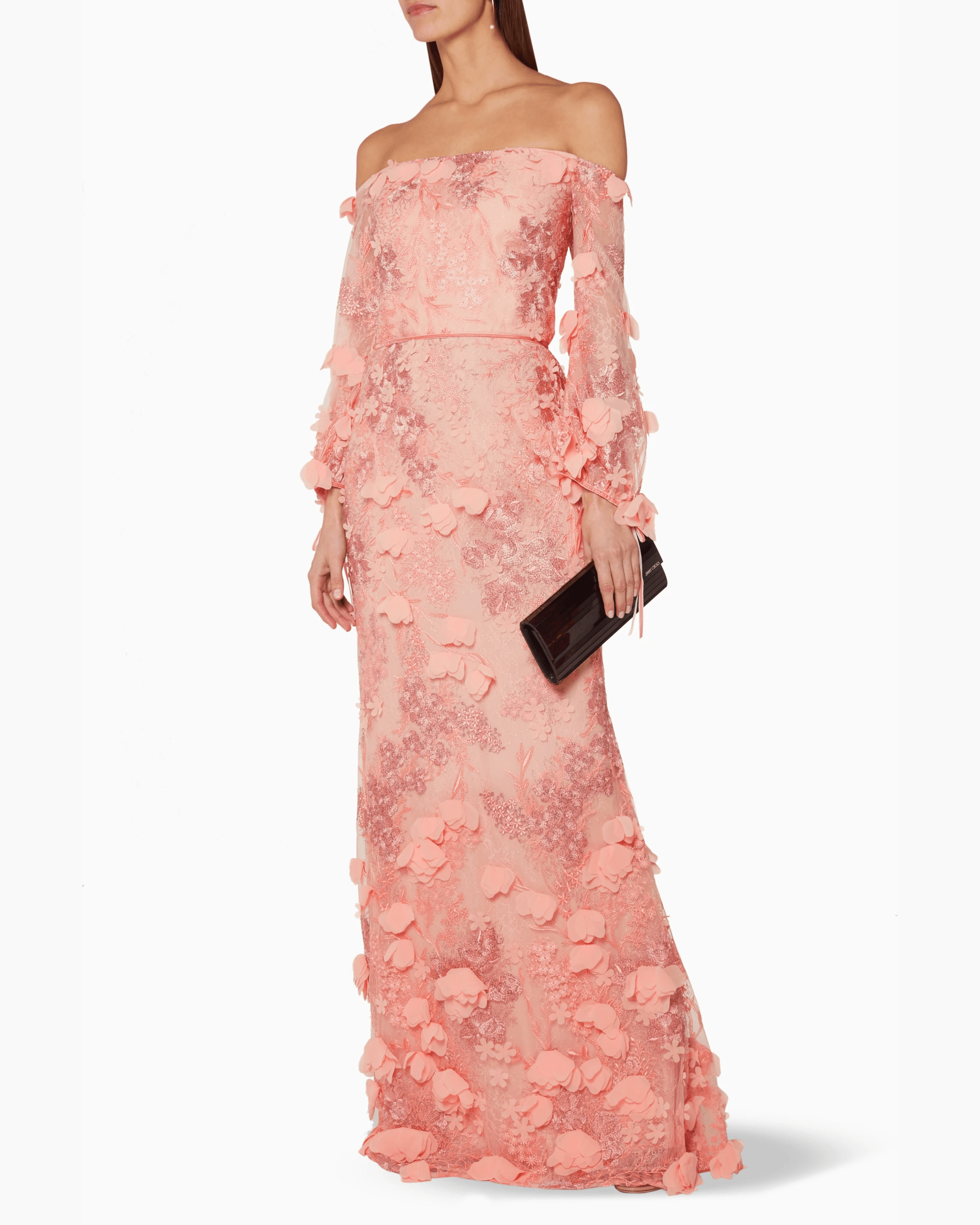 Peach Off-The-Shoulder 3D-Embroidered Gown - Endless - UAE Rental and Resale for Women's Fashion