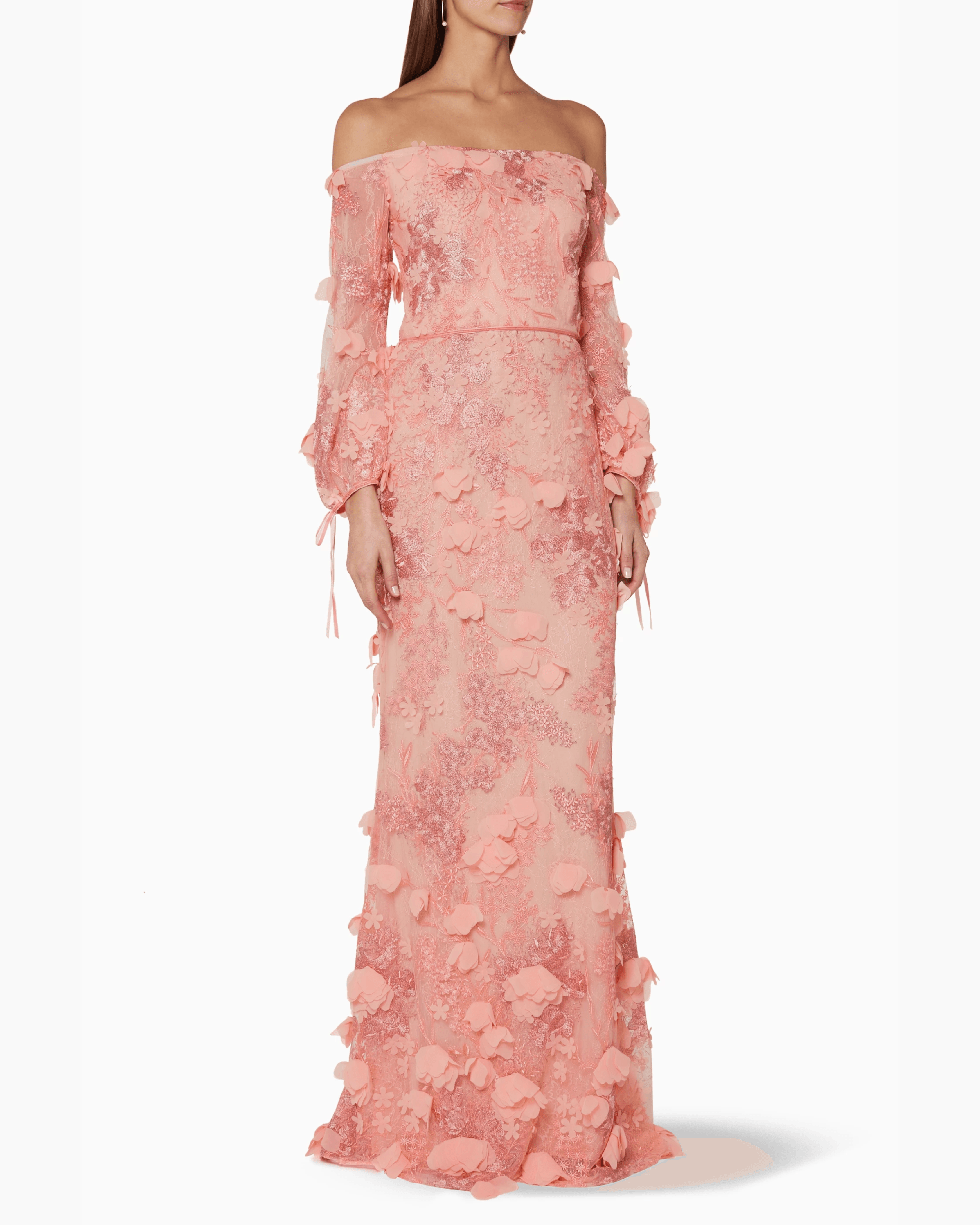 Peach Off-The-Shoulder 3D-Embroidered Gown - Endless - UAE Rental and Resale for Women's Fashion
