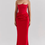 Elegant red strapless corset maxi dress with ruched waist detail, fitted silhouette, floor-length hem — House of CB | Endless UAE