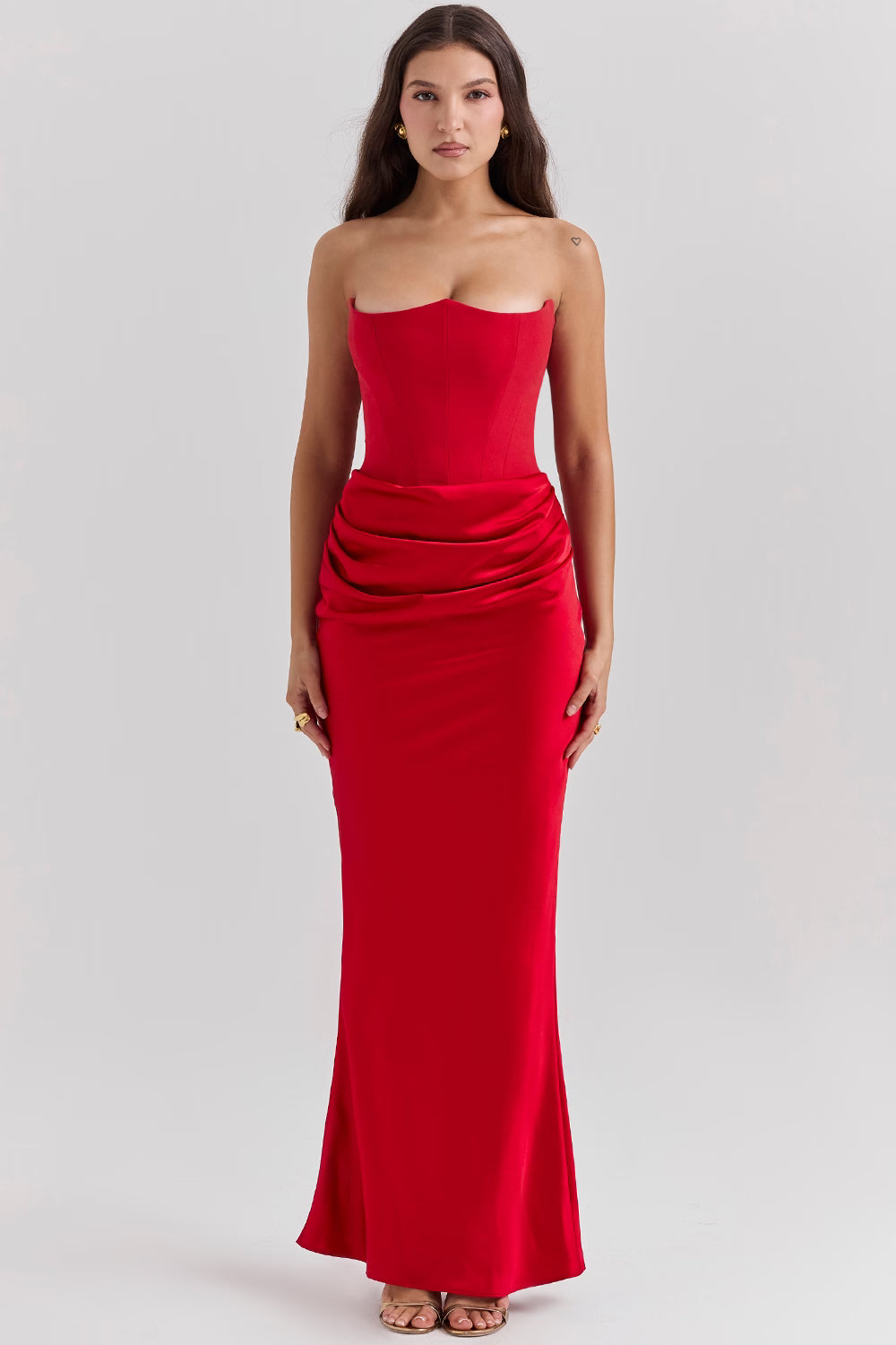Elegant red strapless corset maxi dress with ruched waist detail, fitted silhouette, floor-length hem — House of CB | Endless UAE