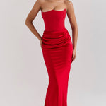 Elegant red strapless corset maxi dress with ruched waist detail and floor-length silhouette — House of CB | Endless UAE
