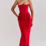 Elegant red strapless corset maxi dress with ruched waist detail and floor-length silhouette — House of CB | Endless UAE