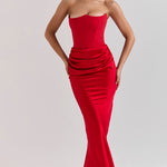 Elegant scarlet red strapless corset maxi dress with ruched waist detail and mermaid silhouette — House of CB | Endless UAE