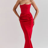 Elegant scarlet red strapless corset maxi dress with ruched waist detail and mermaid silhouette — House of CB | Endless UAE