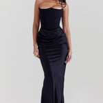 Persephone black strapless corset dress with ruched skirt — House of CB | Endless UAE
