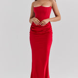 Model wearing Persephone Scarlet strapless corset maxi dress in red with ruched waist detail — House of CB | Endless UAE
