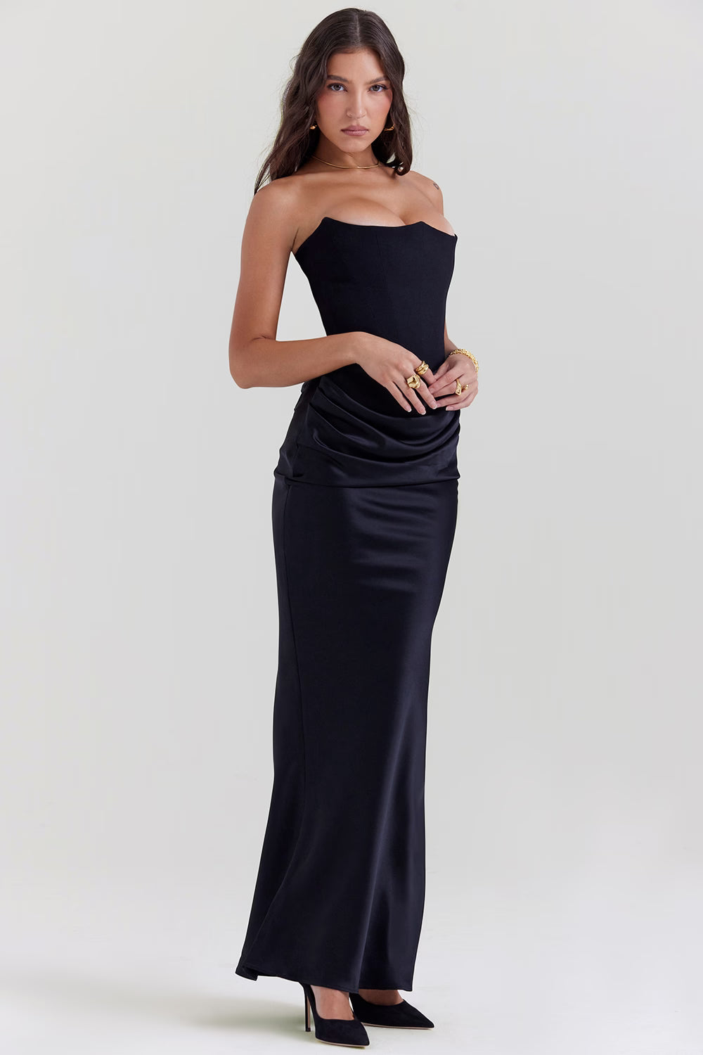 Persephone black strapless corset dress with ruched skirt — House of CB | Endless UAE