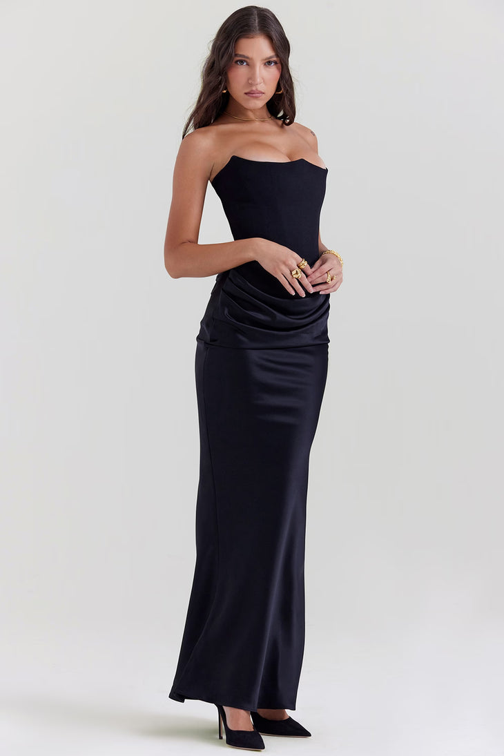 Persephone black strapless corset dress with ruched skirt — House of CB | Endless UAE