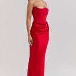 Scarlet red strapless corset maxi dress with draped satin skirt and structured bodice — House of CB | Endless UAE