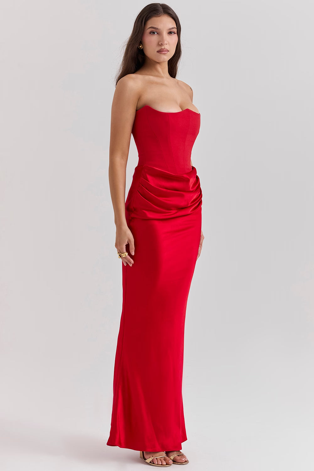 Scarlet red strapless corset maxi dress with draped satin skirt and structured bodice — House of CB | Endless UAE