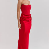 Scarlet red strapless corset maxi dress with draped satin skirt and structured bodice — House of CB | Endless UAE