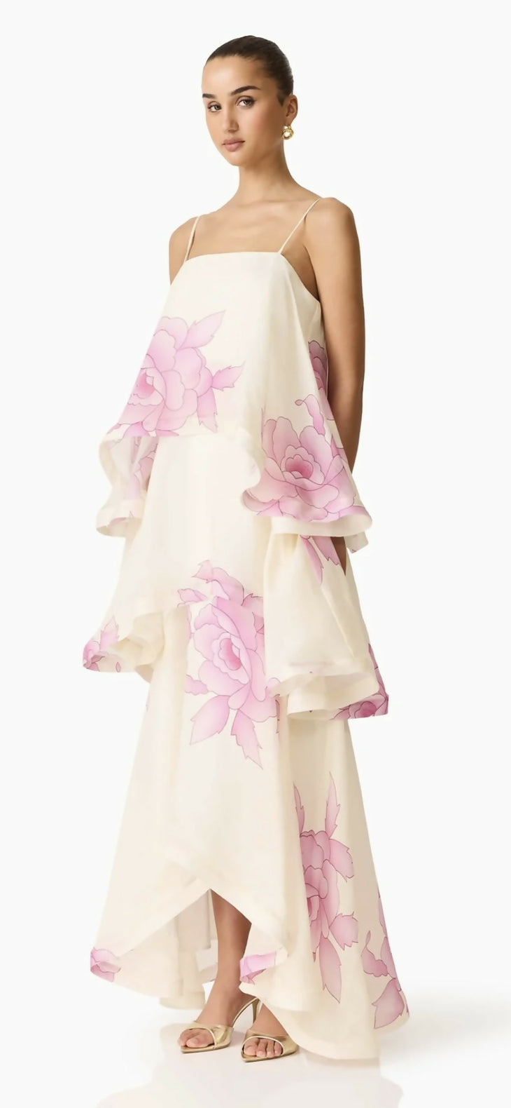 Rova Tiered Dress in cream with pink floral print, featuring layered ruffles and adjustable straps — Endless | Endless UAE