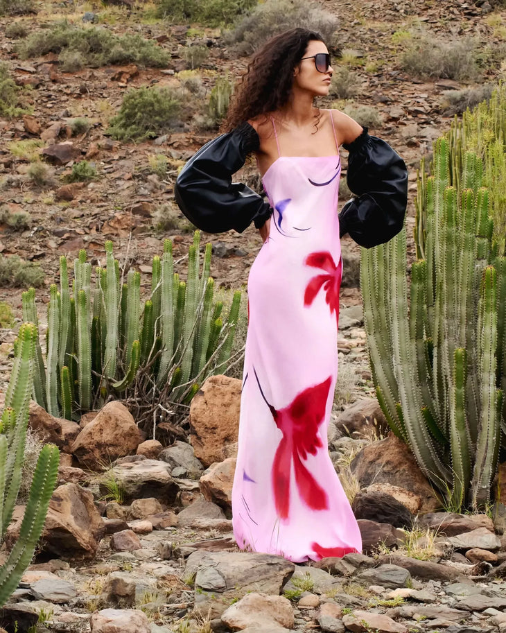 Pink slip dress with red floral print and thin straps — Rat & Boa | Endless UAE