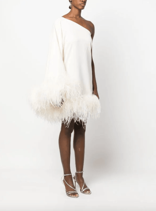 Piccolo Ubud One-Sleeve Feather-Trimmed Crepe Mini Dress - Endless