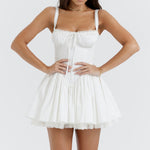 White corset mini dress with ruched bodice, tie front detail, gathered skirt and lace trim — House of CB | Endless UAE