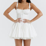 White corset mini dress with ruched bodice, tie front detail, gathered skirt and lace trim — House of CB | Endless UAE