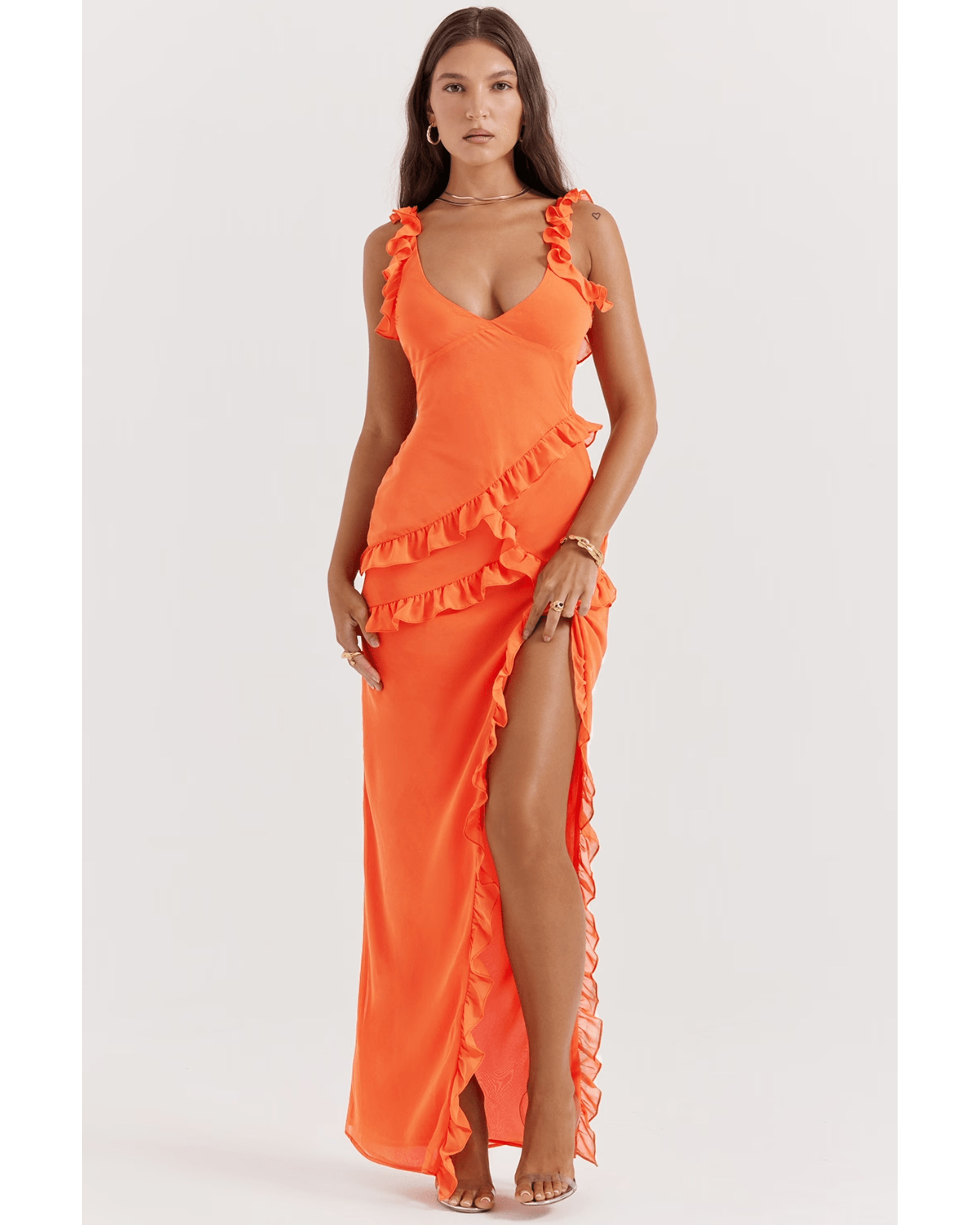 Pixie Flame Orange Ruffle Maxi Dress - Endless - UAE Rental and Resale for Women's Fashion