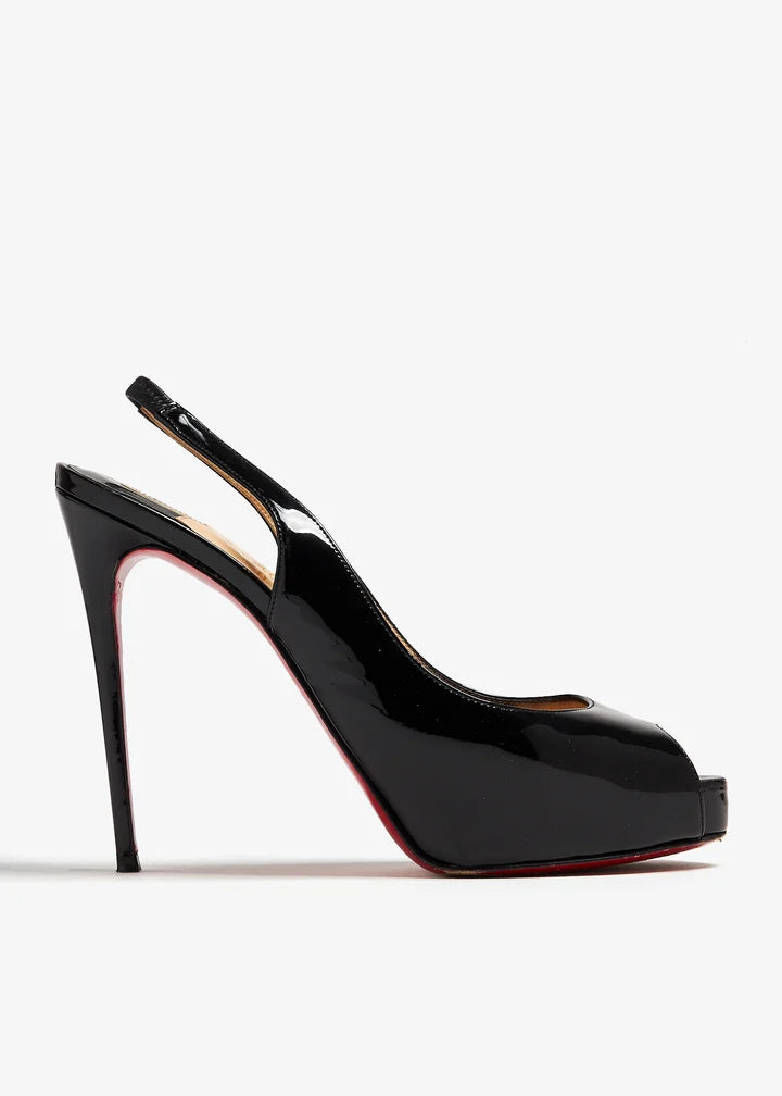 Black patent leather peep toe platform slingback heels with red sole — Christian Louboutin | Endless UAE