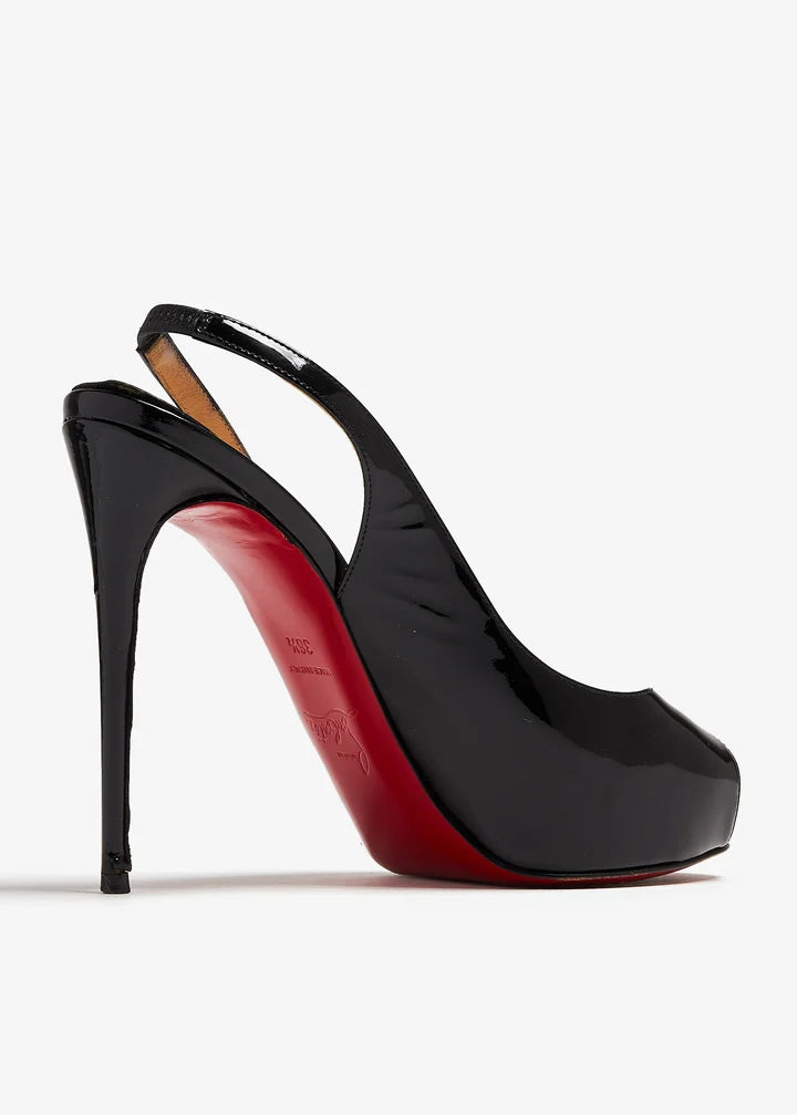 Black patent leather peep toe platform slingback heels with red sole — Christian Louboutin | Endless UAE