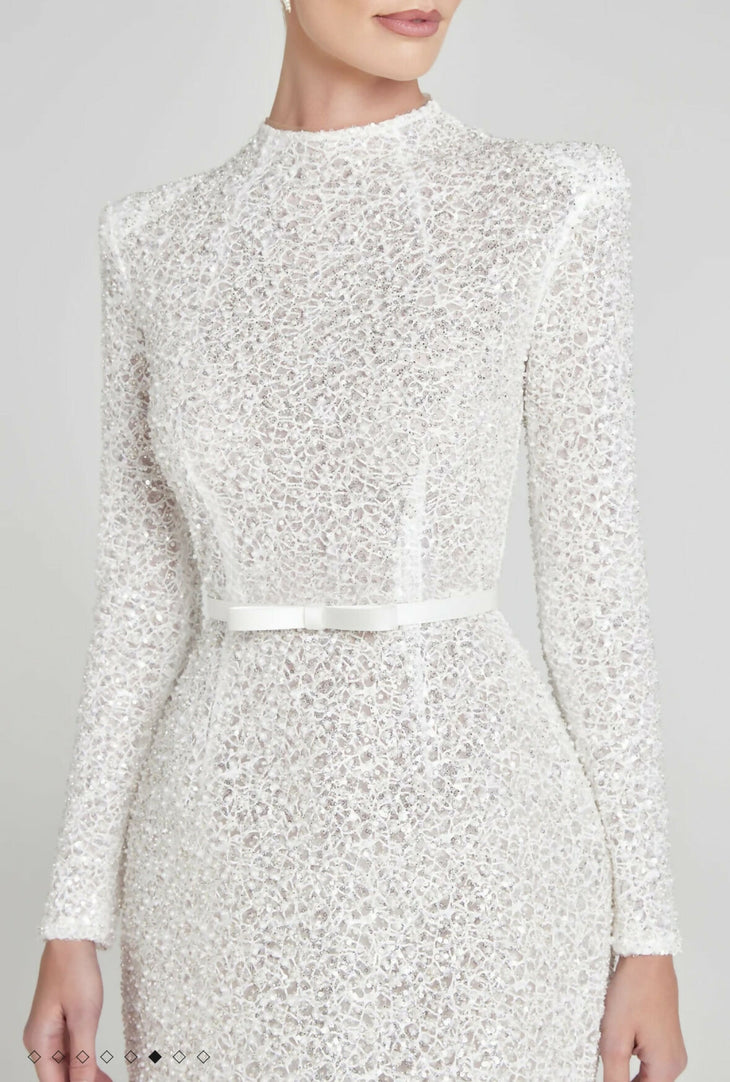 White sequin embellished long sleeve midi dress with high neck and belt detail — Nadine Merabi | Endless UAE