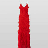 Red ruffle maxi dress with spaghetti straps and V-neckline — Rat & Boa | Endless UAE