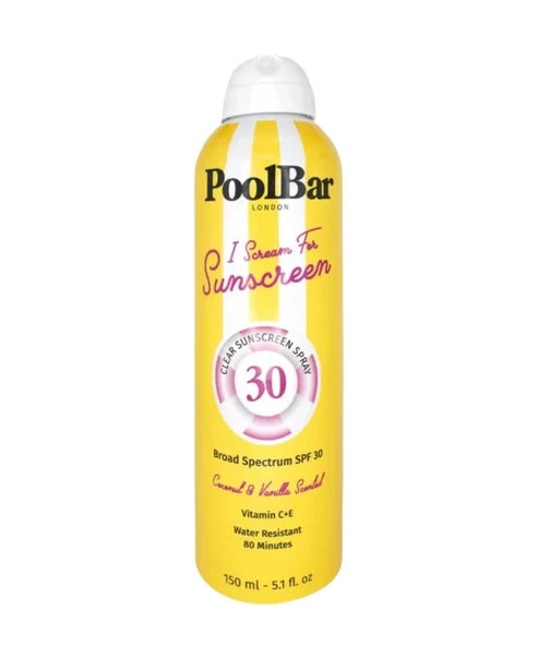 PoolBar London SPF 30 Clear Sunscreen Spray in yellow bottle with white stripes — Powder Beauty | Endless UAE