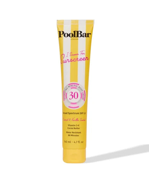 PoolBar London SPF 30 mineral sunscreen tube with yellow and white striped packaging — Powder Beauty | Endless UAE