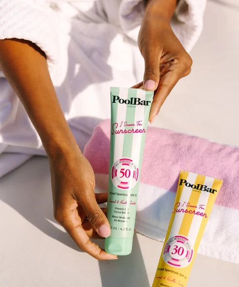 PoolBar London SPF 30 mineral sunscreen tube with yellow and white striped packaging — Powder Beauty | Endless UAE