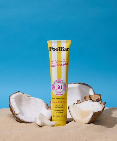 PoolBar London SPF 30 mineral sunscreen tube with yellow and white striped packaging — Powder Beauty | Endless UAE