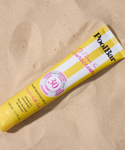 PoolBar London SPF 30 mineral sunscreen tube with yellow and white striped packaging — Powder Beauty | Endless UAE