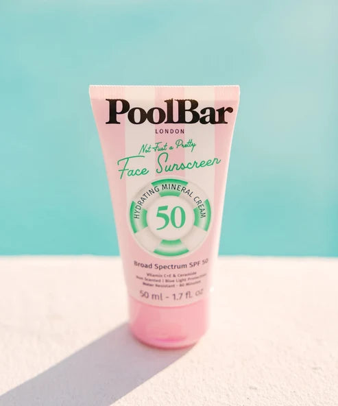 PoolBar London Face Sunscreen SPF 50 pink tube with green mineral circle logo — Powder Beauty | Endless UAE
