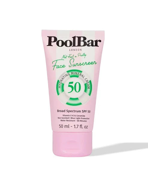 PoolBar London Face Sunscreen SPF 50 pink tube with green mineral circle logo — Powder Beauty | Endless UAE