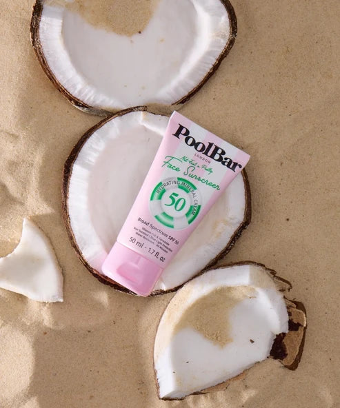 PoolBar London Face Sunscreen SPF 50 pink tube with green mineral circle logo — Powder Beauty | Endless UAE