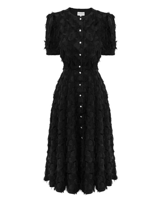 Black textured midi dress with puff sleeves, fringe detailing, and button front closure — Post Meridiem | Endless UAE