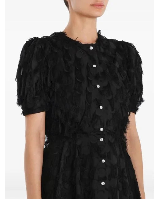 Black fringe-embellished midi dress with puff sleeves and crystal button closure — Post Meridiem | Endless UAE
