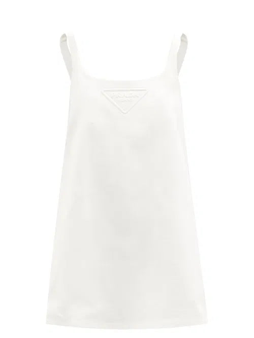 White cotton-drill mini dress with embossed triangle logo and adjustable straps — Prada | Endless UAE