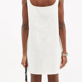 White cotton-drill sleeveless mini dress with square neckline and triangle-embossed detailing — Prada | Endless UAE