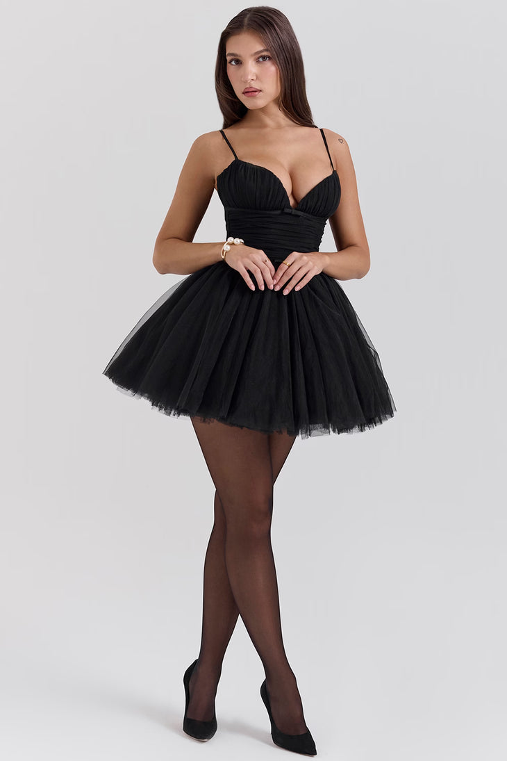 Woman wearing black tulle mini dress with sweetheart neckline and full skirt — House of CB | Endless UAE
