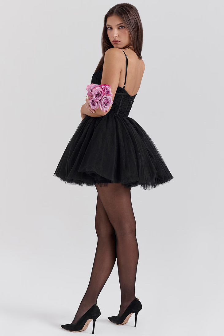 Woman wearing black tulle mini dress with sweetheart neckline and full skirt — House of CB | Endless UAE